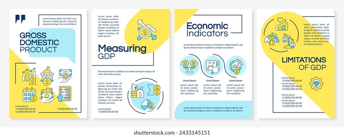 Economic growth measurement blue and yellow brochure template. Leaflet design with linear icons. Editable 4 vector layouts for presentation, annual reports. Questrial, Lato-Regular fonts used