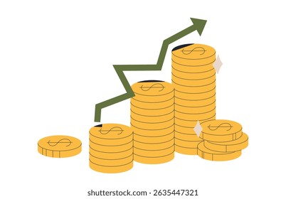 Economic growth and recovery, rising coin stacks, green arrow indicating profit, financial success, market improvement, investment gain, positive trend, inflation control flat vector illustration.