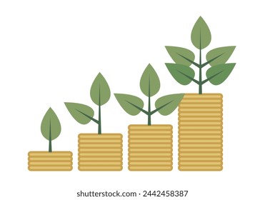 Crecimiento económico representado por la pila de monedas y brotes de plantas.