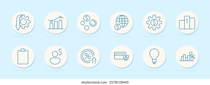 Economic growth set icon. Optimization, statistics, currency, globalization, finance, competition, report, investment, development, banking, innovation