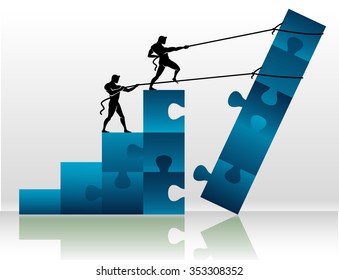 Economic Growth Solution-Business partners pulling jig saw puzzle graph