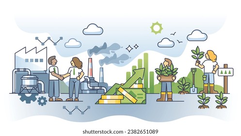 Economic growth vs environmental protection for balance outline concept. Business control with sustainable, nature friendly investments vector illustration. Challenge for economy and climate harmony.