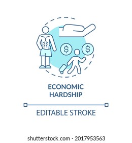 Economic Hardship Blue Concept Icon. Human Exploitation Cause Abstract Idea Thin Line Illustration. Poverty And Debts Leads To Slavery. Vector Isolated Outline Color Drawing. Editable Stroke