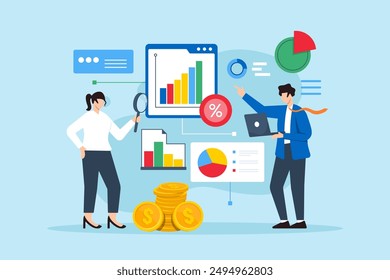 Analyse der wirtschaftlichen Auswirkungen, Bewertung der Auswirkungen von wirtschaftlichen Veränderungen, makroökonomische Prognosen, Vektorillustration des Prognosekonzepts, Analyse von Indikatoren durch Unternehmensanalysten