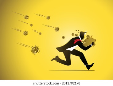 Economic impact of Coronavirus COVID-19, financial crisis and economic recession concept, scared businessman with piggy bank running from virus