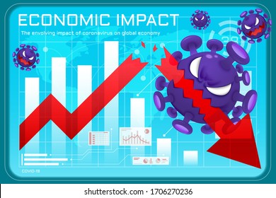 Economic impact flat illustration concept with vicious coronavirus break down the stock market