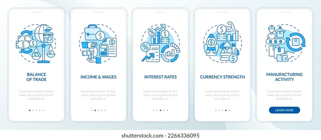 Indicadores económicos ejemplos de pantalla azul de aplicaciones móviles en bordo. Recorrido 5 pasos instrucciones gráficas editables con conceptos lineales. UI, UX, plantilla GUI. Multitud de tipos de letra Pro-Bold, con uso regular