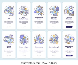 Economic indicators and examples onboarding mobile app screens set. Walkthrough 5 steps editable graphic instructions with linear concepts. UI, UX, GUI template. Myriad Pro-Bold, Regular fonts used
