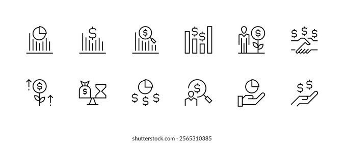 Economic indicators icon collection. Revenue, Earning report, growth, money flow, financial statement, profit, earnings and more. Editable stroke. Pixel Perfect. Grid base 32px.