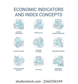 Economic indicators and index turquoise concept icons set. Business data analytics idea thin line color illustrations. Isolated symbols. Editable stroke. Roboto-Medium, Myriad Pro-Bold fonts used