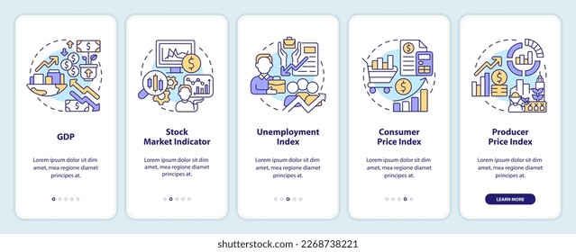 Economic indicators onboarding mobile app screen. Analytics walkthrough 3 steps editable graphic instructions with linear concepts. UI, UX, GUI template. Myriad Pro-Bold, Regular fonts used