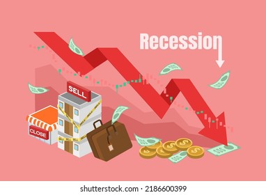 Indicadores económicos de una recesión, inflación, estanflación, caída del mercado de valores.  Crecientes precios, aumento del costo de vida, quiebra de empresas, aumento de la tasa de desempleo.