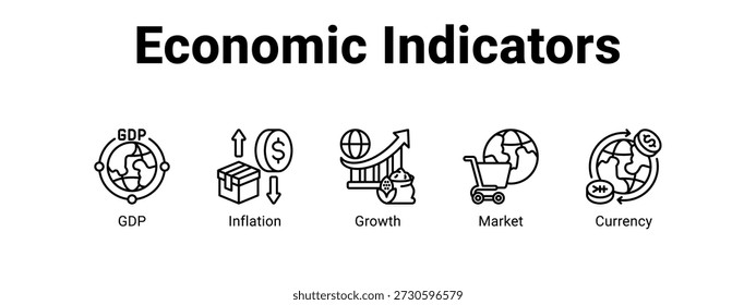 Indicadores económicos Icono de Anuncio de Web Concepto de Ilustración vectorial, con ícono de PIB, Inflación, Crecimiento.