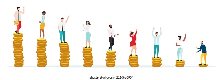 Economic Inequalit. The Gap Between Rich And Poor.unfair Income. White Rich Businessman Standing On A Tower Of Coins With A High Salary With Poor People Black And White On Low Piles.Vector.