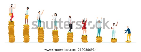 Economic\
inequalit. The gap between rich and poor.unfair income. White rich\
businessman standing on a tower of coins with a high salary with\
poor people black and white on low\
piles.Vector.