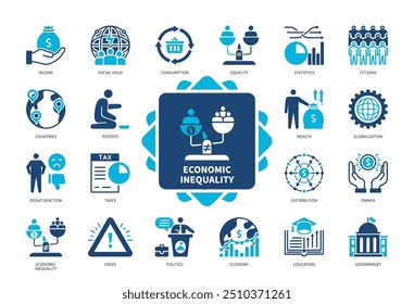 Conjunto de ícones de Desigualdade Econômica. Questão Social, Pobreza, Renda, Consumo, Política, Distribuição, Riqueza, Economia. Ícones sólidos de cor duotônica