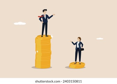 Economic inequality, rich and poor gap, income inequality, rich businessman standing on high salary coin tower with poor man on low coin stack.