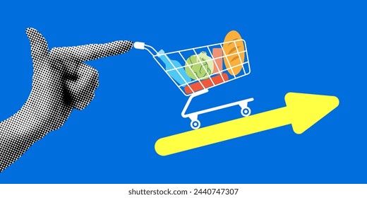 Economic inflation concept. Rising prices for consumer goods . Retro halftone hand and grocery cart. Human hand pushing grocery cart up. Modern collage. Food price inflation. Cost of living