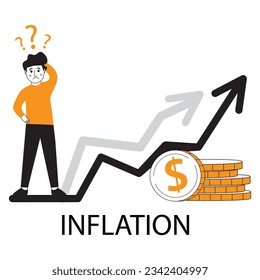 Economic inflation dollar value increase.Cost low and loss. Tiny people standing near piles of coins.Financial crisis.Character cartoon flat cartoon style.Isolated on white background.