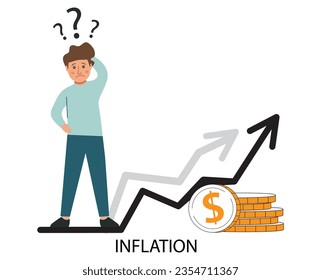 Economic inflation dollar value increase.Cost low and loss. Tiny people standing near piles of coins.Financial crisis.Character cartoon flat cartoon style.Isolated on white background.