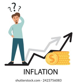 Aumento del valor de la inflación económica en dólares. Costos bajos y pérdidas. Gente pequeña parada cerca de montones de monedas. Crisis financiera. Caricatura llana estilo caricatura. Aislada sobre fondo blanco.