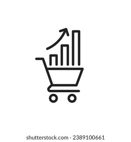 Economic inflation vector icon. Financial crisis clipart. Cost of living concept. Shopping cart and increasing bar chart graph. Flat vector illustration linear style.