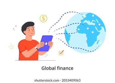 Economic management concept. Man hold smartphone in hands and monitors financial situation around world. Transactions to any point on map. Cartoon flat vector illustration isolated on white background