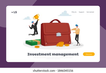 Economic Management Landing Page Template. Tiny Investors Male Characters at Huge Briefcase Celebrate Win with Golden Goblet. Invest Portfolio, Stock Market Trading. Cartoon People Vector Illustration