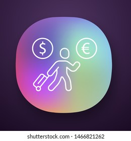 Economic migrant app icon. Person searching new home. Business immigrant. Refugee with luggage. Travelling abroad. UI/UX user interface. Web or mobile application. Vector isolated illustration