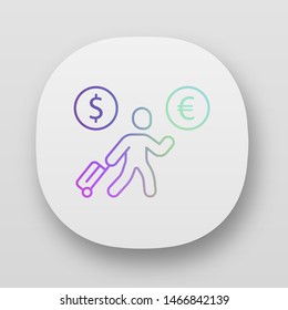 Economic migrant app icon. Person searching new home. Business immigrant. Refugee with luggage. Travelling abroad. UI/UX user interface. Web or mobile applications. Vector isolated illustrations