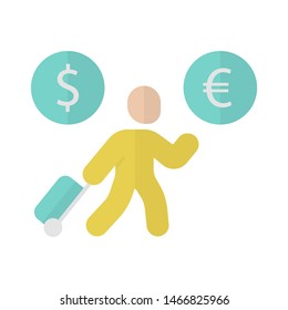 Economic migrant flat design long shadow yellow color icon. Person searching new home. Business immigrant. Refugee with luggage. Travelling abroad. Vector silhouette illustration