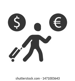 Economic migrant glyph icon. Person searching new home. Business immigrant. Refugee with luggage. Travelling abroad. Silhouette symbol. Negative space. Vector isolated illustration