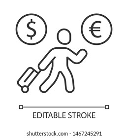 Economic migrant linear icon. Person searching new home. Business immigrant. Travelling abroad. Thin line illustration. Contour symbol. Vector isolated outline drawing. Editable stroke