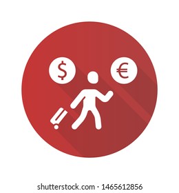 Economic migrant red flat design long shadow glyph icon. Person searching new home. Business immigrant. Refugee with luggage. Travelling abroad. Vector silhouette illustration