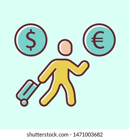 Economic migrant yellow color icon. Person searching new home . Skilled worker seeking better future. Business immigrant. Refugee with luggage. Travelling abroad. Isolated vector illustration