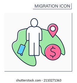 Economic Migration Color Icon. Person Seeking Improved Standard Of Living. Better Job Opportunities, Material Goods.Migration Concept. Isolated Vector Illustration