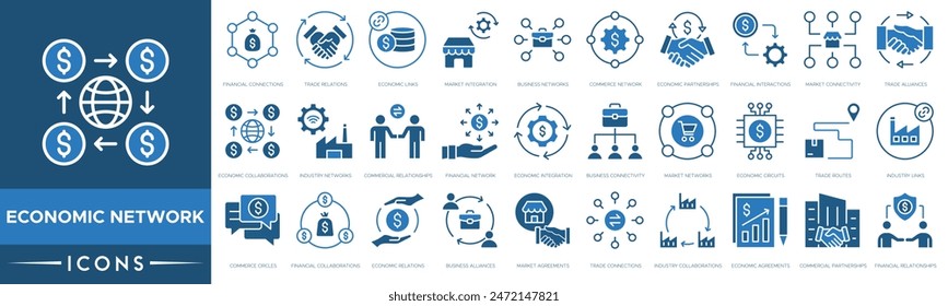 Icono de Red económica. Relaciones Financieras, Relaciones Comerciales, Enlaces Económicos, Integración de Mercados, Redes Comerciales, Red de Comercio y Alianzas Económicas