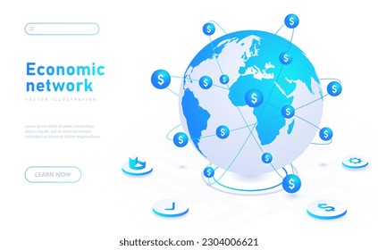 Economic network white banner. Globe with dollars icons. Financial literacy and business, transactions and transfers, electronic commerce. Landing page. Cartoon isometric vector illustration