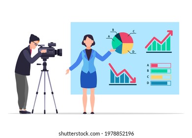 Economic news. People record reportage. TV presenter in studio. Woman shows infographics and diagrams. Man filming television program with camera. Vector financial and business columnist