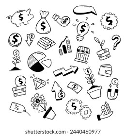 Economic object thing doodle hand drawn outline illustration set