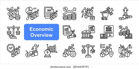 Economic Overview icon set, with Economic Growth, GDP Analysis, Productivity Index, Regional Econom.