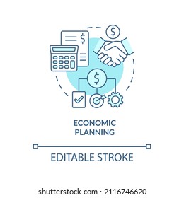 Economic Planning Turquoise Concept Icon. Governmental Regulations. Mixed Economy Abstract Idea Thin Line Illustration. Isolated Outline Drawing. Editable Stroke. Arial, Myriad Pro-Bold Fonts Used