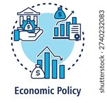 Economic Policy blue concept icon with Monetary Policy, Fiscal Policy, Economic Recession.