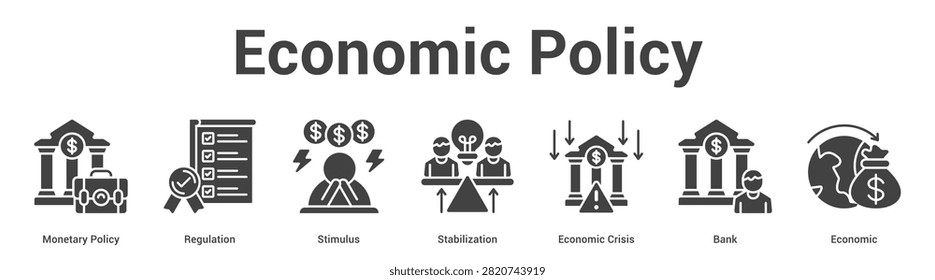 Economic Policy web banner icon set vector illustration concept for business with icon of Monetary Policy, Regulation, Stimulus, Stabilization, Economic Cris.