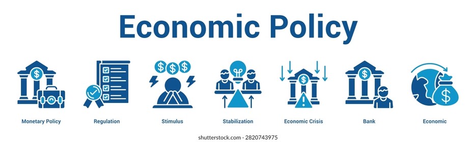Economic Policy web banner icon set vector illustration concept for business with icon of Monetary Policy, Regulation, Stimulus, Stabilization, Economic Cris.