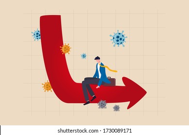 Economic problem in L shape long term recession or great depression from Coronavirus COVID-19 crash concept, depressed hopeless business man sit on economic L shape graph and chart with coronavirus