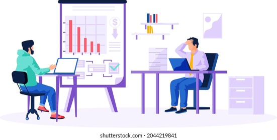 Economic problems of company, declining indicators of profit concept. Colleagues working with business issues, statistical indicators, data on chart. Communication about bankruptcy, economic crisis