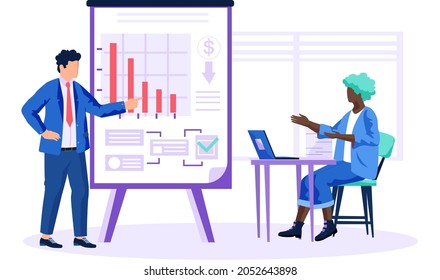 Economic problems of company, declining indicators of profit concept. Teamwork with diagram analysis. Colleagues discussing business issues on chart. Communication about bankruptcy, economic crisis