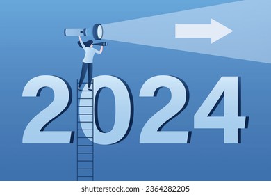 Wirtschaftliche Aussichten für 2024. Visionär beleuchtet Zukunft mit Taschenlampe. Geschäftsfrau klettert Treppe, um mit der Nummer 2024 durch Ferngläser zu sehen. Geschäftsmöglichkeiten und Ziele oder Ziele. Vektorgrafik