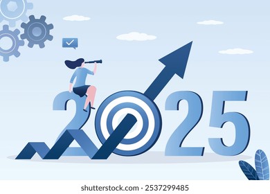 Perspectivas económicas en 2025. Visionario mirando al futuro con spyglass. Empresaria inteligente mira a través de binoculares en la tabla de crecimiento. Oportunidades de negocio y metas u objetivos. Ilustración vectorial plana